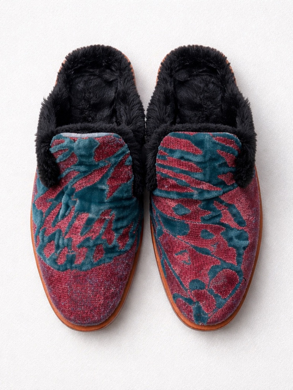 Free People Velvet Slip-On Mules in Teal and Burgundy with Black Faux Fur